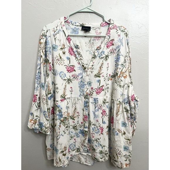 JNY Jones New York Spring Flowers Top, Roll Sleeve, Linen Blend, High Low, 3X - Picture 1 of 9